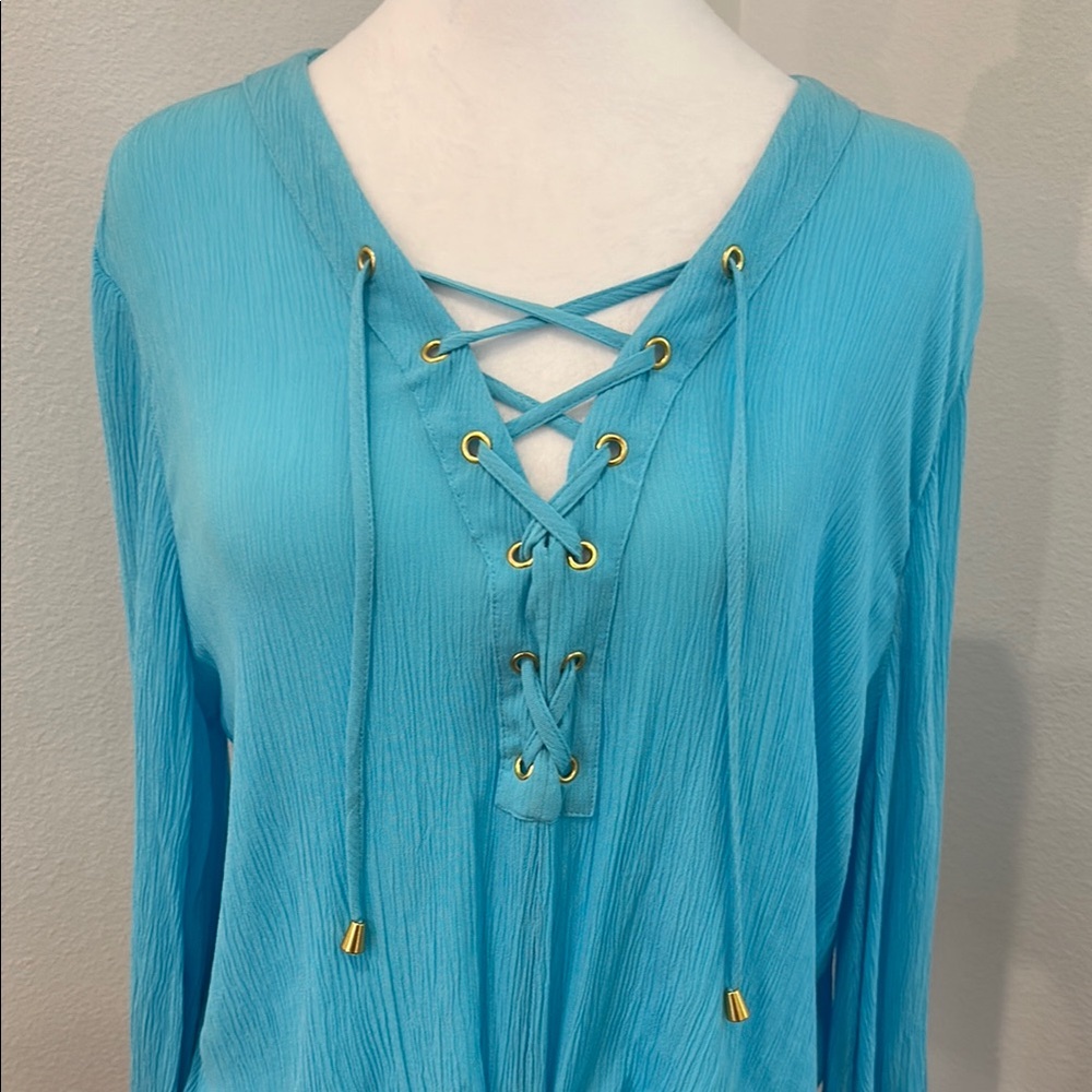 INC International Concepts Turquoise Lace-Up Blouse - Picture 3 of 10